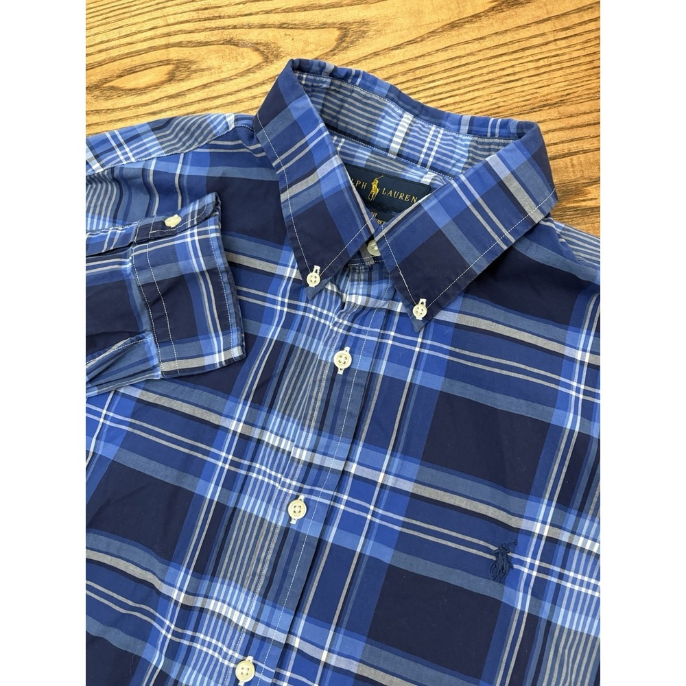 Ralph Lauren Mens XL Slim Fit Blue Plaid Cotton Stretch Long Sleeve Button Shirt